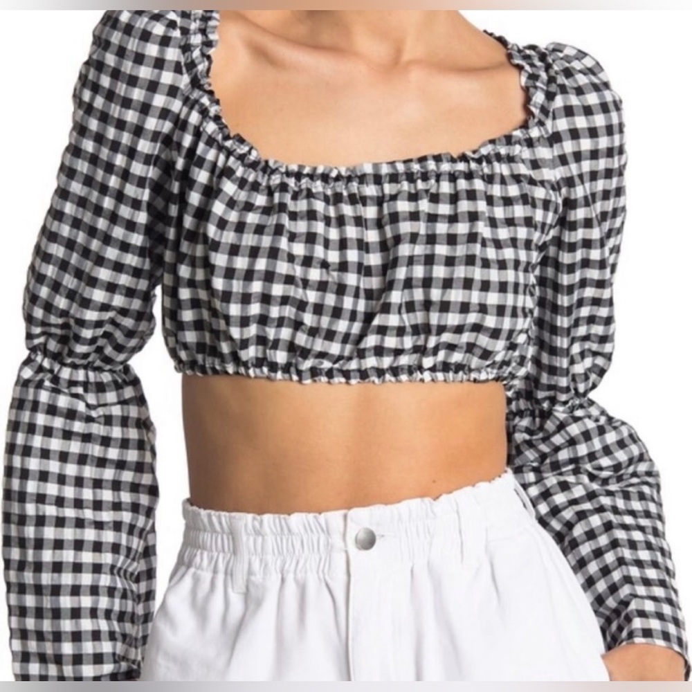 TOPSHOP Off Shoulder Viscose Gingham Crop Top (12)